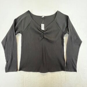 Old Navy Shirt Womens XL Black Ribbed Ruched V-Neck Long Sleeve Top 567646 NWT